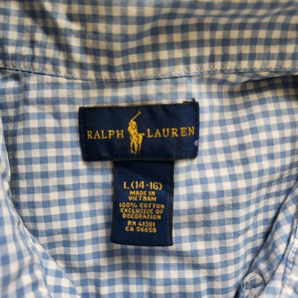 Ralph Lauren Boys' Blue Gingham Check‎ Short Sleeve Shirt Size L (14-16)